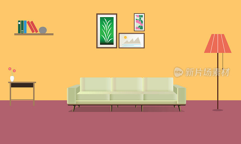 Living room interior design with furniture. Flat style vector illustration
